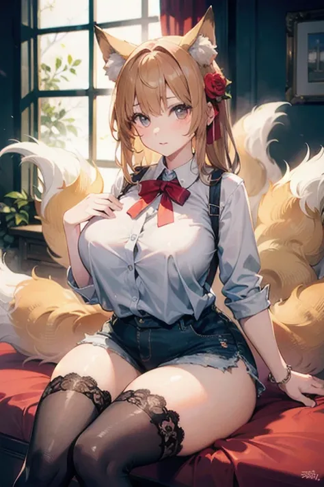 ((best quality)), ((masterpiece)), (detailed), 1 girl，plump breasts，Good shape，low cut lace shirt，shorts，Fox ears，9 fox tails，Lace stockings，Flower Room