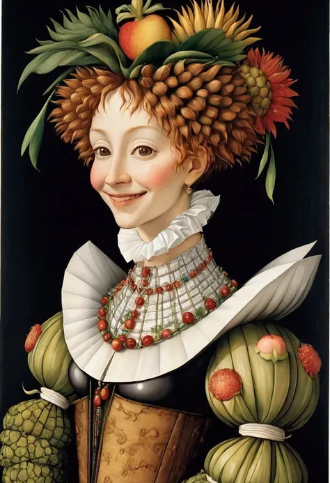 ((Giuseppe Arcimboldo 风格))，A woman，Charming smile,  (Short Wavy Hair: 1.2), Auburn hair, (masterpiece), best quality, high resolution