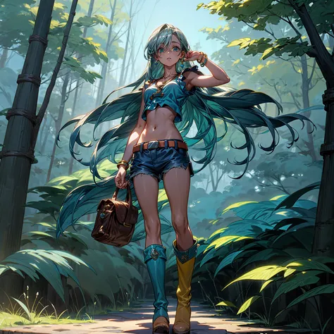 Solo character, full body version, girl, blue long hair, yellow crop top, Short jeans, belt, bracelet, necklace, bag in back, boots, sky blue, forest, standing gesture, Diamond earrings 