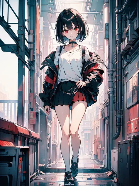 (masterpiece, highest quality, highest quality, (No text), Beautiful and aesthetic:1.2),No text,アニメ、BREAK,One Girl，Black Hair Girl　short hair　older sister　choker　Beautiful eyes　Red eyes　cool　smile　Black and white　Black jacket　mini skirt　whole body　In town