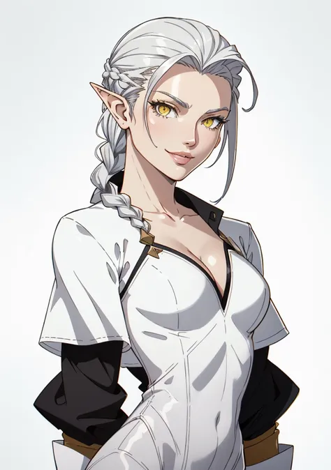 ophelia(claymore),1girl,Solo,fantasy,white skin,silver hair,show the forehead ,((slicked back hair)),((hair pulled back)),single braid,(long braid),(large braid),yellow eyes,white bodysuit,white gloves,collarbone,silver pauldrons,evil smile,((simple backgr...