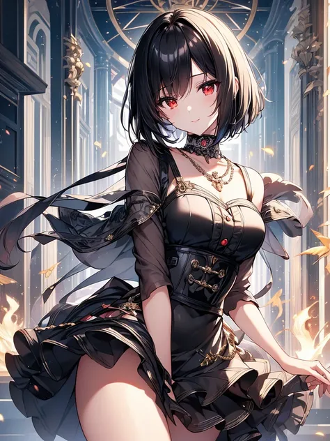 (masterpiece, highest quality, highest quality, (No text), Beautiful and aesthetic:1.2),No text,アニメ、BREAK,One Girl，Black Hair Girl　short hair　older sister　choker　Beautiful eyes　Red eyes　cool　smile　Black and white　Black jacket　mini skirt　whole body　In town