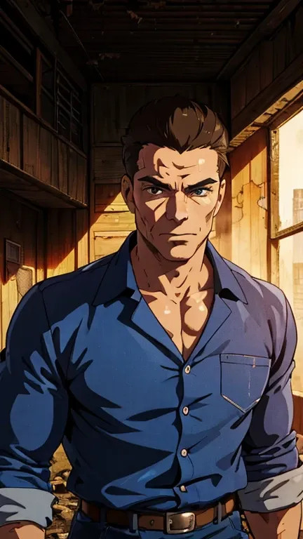 (a man as jcvd), (extremely detailed CG unit 8k wallpaper),(master part), (best quality), (ultra detail), (best illustration),(ghibli style), cowboy shot,(Sharp eyeliner, ombre, detailed eyes:1),Dark abandoned building indoors background,break,upper body