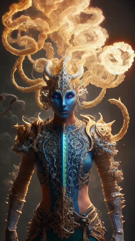 (Simic Hybrid Bard:1.2),castle ruin,Gunmetal brilliant Cream armor,Ash blonde short afro,fighting posture,photoshoot style,intricate,studio lighting,masterpiece,highly detailed,8k,best quality,fire,smoke,dramatic,eery,diabolic,ornamented,colorful,glowing p...