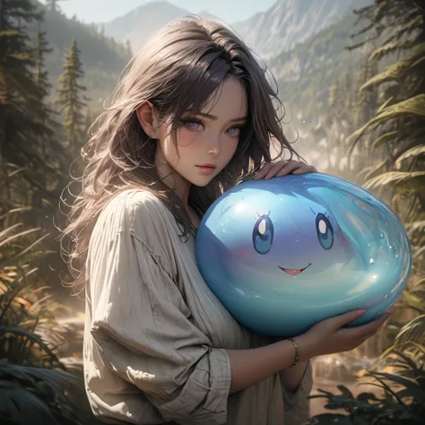 Beautiful woman holding a huge transparent slime，blue purple，wilderness，Super Fine，Ultra-realistic，8k，Ultra Detail，precise，masterpiece