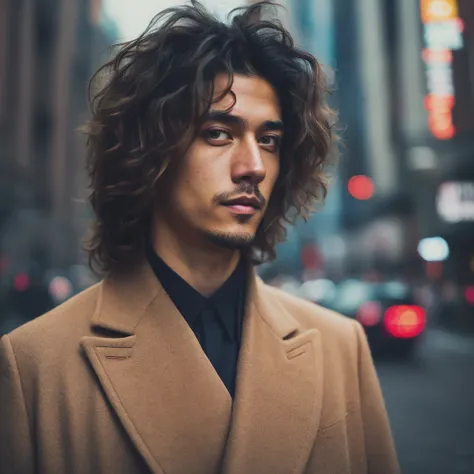 raw portrait of a man wearing a long coat, puffy hair , in tokyo , high resolution, 4k, 50mm, photo by brooke shaden, portrait ,...