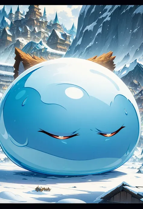 The arrival of winter. Snow-covered monster town. Japanese cartoon slime. High-quality cartoon character. Fantasy fictional creature. A light blue slime.(close up)  Clear and detailed animation.. 

                      ( Correct and perfect anatomy ) Ultr...