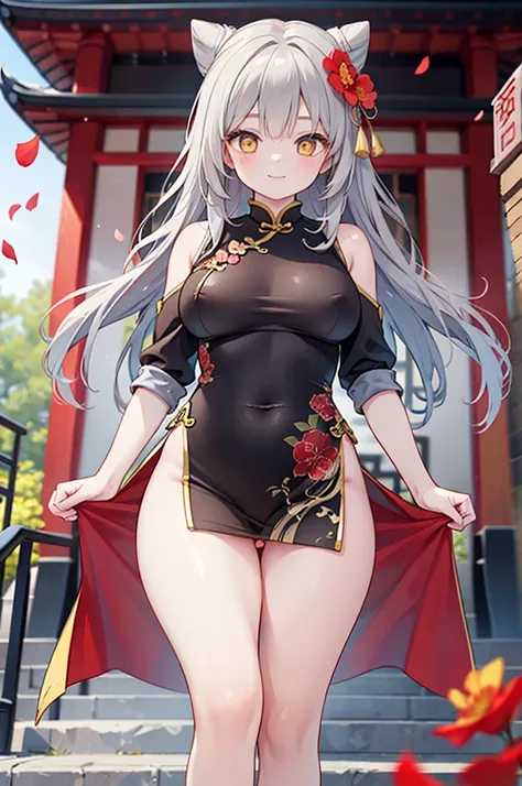 realistic image, coherent image, detailed image, 1 beautiful girl. She has silver hair, long hair. Yellow eyes, long eyelashes. Her face is oval and delicate. Smiling. She wears a red Cheongsam, side slits. She has a curvy body, medium breasts and thick th...