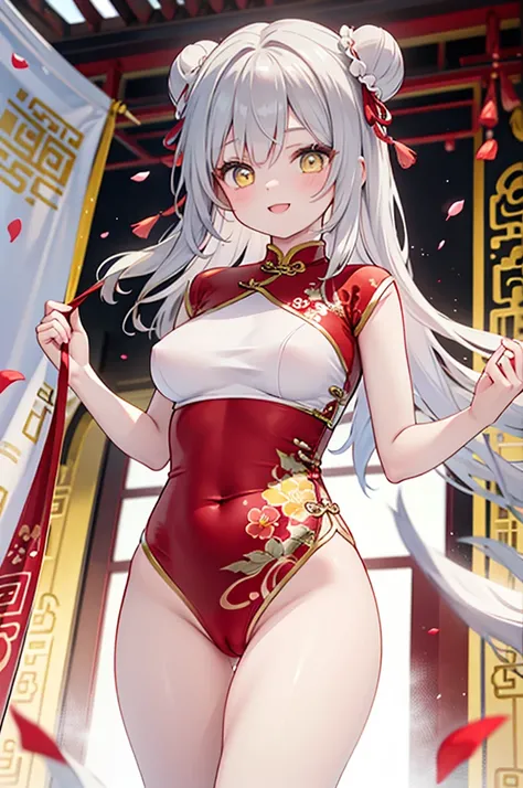 realistic image, coherent image, detailed image, 1 beautiful girl. She has silver hair, long hair. Yellow eyes, long eyelashes. Her face is oval and delicate. Smiling. She wears a red Cheongsam, side slits. She has a curvy body, medium breasts and thick th...