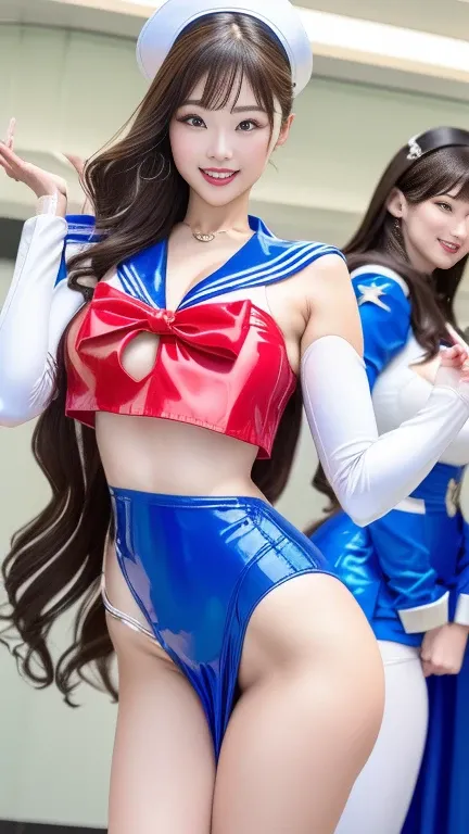 Three women in sailor suits posing for a photo,Naughty eyes，Very big  ，BIG ASS，Provocative pose，Latex sailor suit，anime Cosplay, Sailor Moon style, Sailor Moon, inspired Sailor Moon, Cosplay, Cosplay photo, anime girl Cosplay, Sailor Moon!!!!!!!!, publicit...