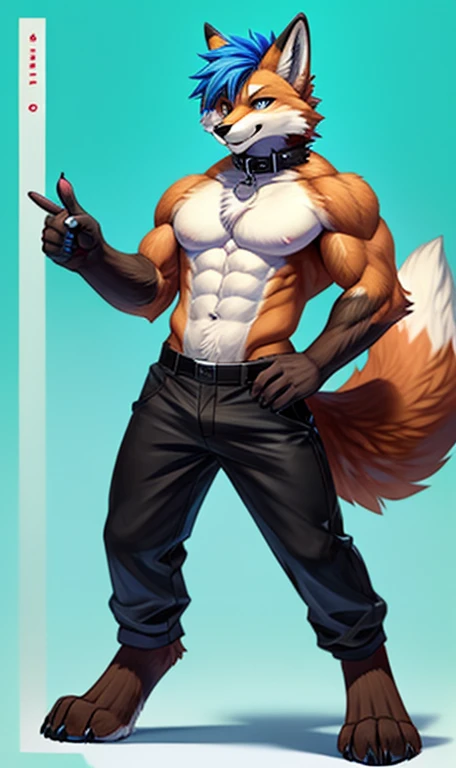 Top quality, best quality, by dabaicai, High quality illustrations, masterpiece)(kemono, furry anthro), round, male, werefox, red fox fur body, slim body, fur, fluff, Hips wide, fluffy tail, punk black and blue hair, muscular, strong, paws, posing, finger ...