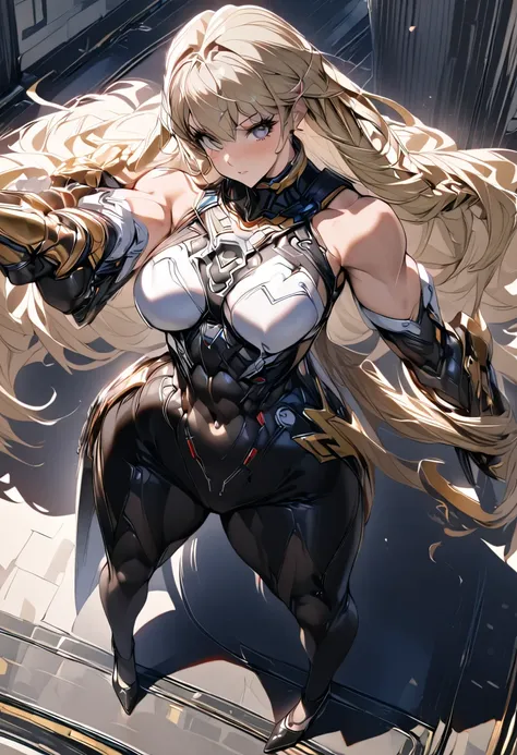 1woman, tall woman, long hair, blond hair, body suit, one hand gauntlet on right hand, nice perspective, muscular, valkyrie, hig...