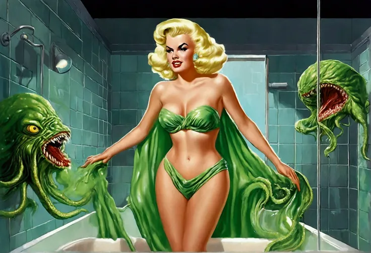 Jayne Mansfield, age 25, dressed in a bath towel, is fleeing from her bathroom which is filling with translucent slime, movie monster CThulu and other eldritch tentacled beasts, flesh hungry monsters, damsel in distress
