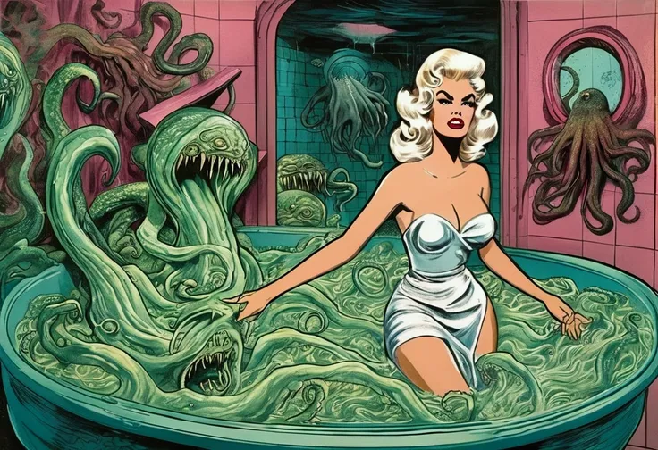 Jayne Mansfield, age 25, dressed in a bath towel, is fleeing from her bathroom which is filling with translucent slime, movie monster CThulu and other eldritch tentacled beasts, flesh hungry monsters, damsel in distress
