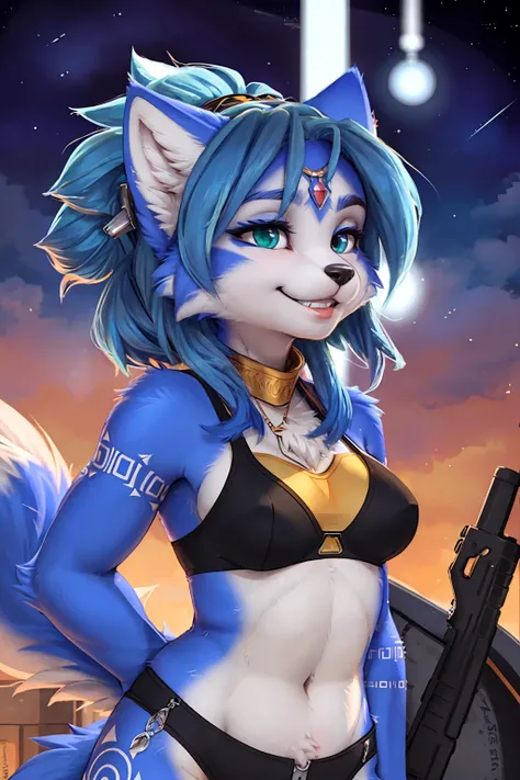 A beautiful and detailed (sweet portrait) wa ((krystal)), Star Fox krystal, sslim, lovable, green eyes, medium breasts, (((Long blue hair 1.3))), Decollete, grin, look up,, anthro, furry, Uploaded E621, detailed fluffy fur, (wa Fluff-Kevlar, Bayard Wu, per...