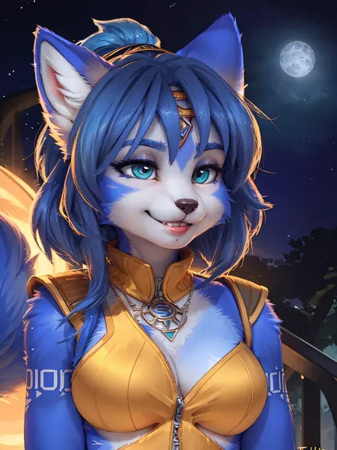 A beautiful and detailed (sweet portrait) wa ((krystal)), Star Fox krystal, sslim, lovable, green eyes, medium breasts, (((Long blue hair 1.3))), Decollete, grin, look up,, anthro, furry, Uploaded E621, detailed fluffy fur, (wa Fluff-Kevlar, Bayard Wu, per...