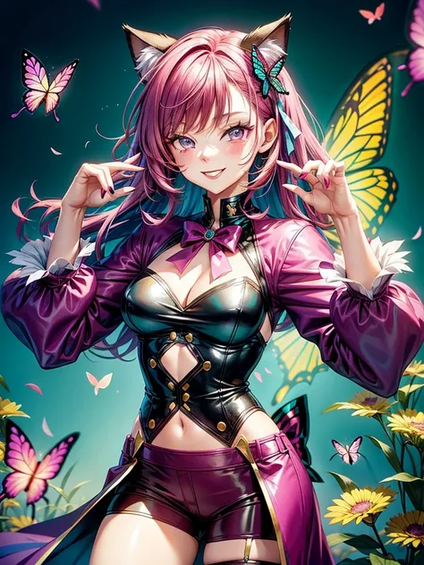 Magenta hair, hazel eyes, older woman, hair bows, cat ears, long hair, smiling face, sexy outfit, butterflies, teal and gold outfit, butterfly background, uniform top