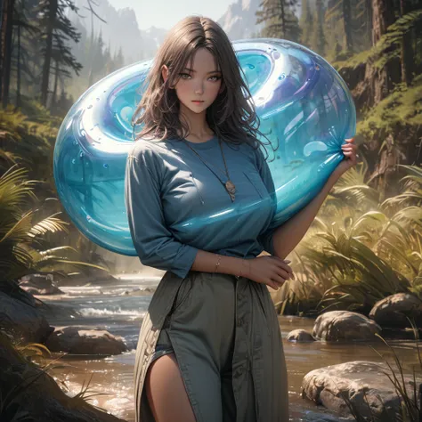 Beautiful woman holding a huge transparent slime，blue purple，wilderness，Super Fine，Ultra-realistic，8k，Ultra Detail，precise，masterpiece