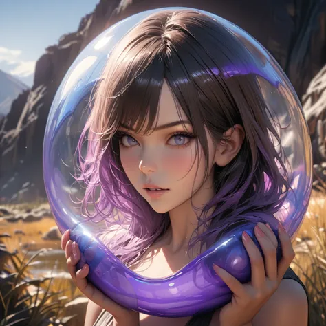 Beautiful woman holding a huge transparent slime，blue purple，wilderness，Super Fine，Ultra-realistic，8k，Ultra Detail，precise，masterpiece