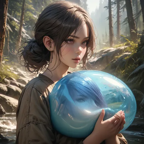 Beautiful woman holding a huge transparent slime，blue purple，wilderness，Super Fine，Ultra-realistic，8k，Ultra Detail，precise，masterpiece