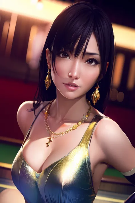 nagisa,  ultra realistic 8k cg, flawless, masterpiece, solo, 1girl, casino, rich, night dress, cutout, necklace, earring, golden, face focus, gleaming skin, elbow gloves, cleavage, shiny dress