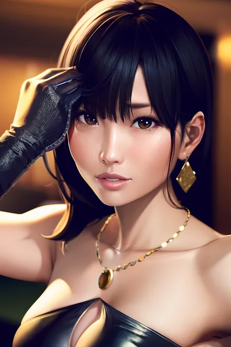 nagisa,  ultra realistic 8k cg, flawless, masterpiece, solo, 1girl, casino, rich, night dress, cutout, necklace, earring, golden, face focus, gleaming skin, elbow gloves, cleavage, shiny dress