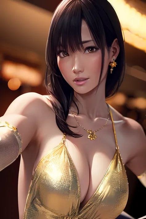 nagisa,  ultra realistic 8k cg, flawless, masterpiece, solo, 1girl, casino, rich, night dress, cutout, necklace, earring, golden, face focus, gleaming skin, elbow gloves, cleavage, shiny dress