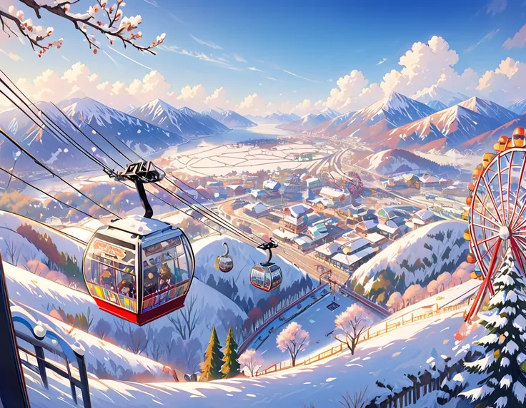 The scenery outside the window of the gondola at the top of the Ferris wheel, distant view, outside the amusement park is a residential area, mountains can be seen in the distance, amusement park,The season is early winter