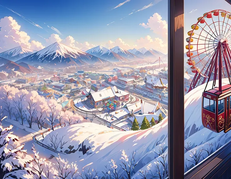 The scenery outside the window of the gondola at the top of the Ferris wheel, distant view, outside the amusement park is a residential area, mountains can be seen in the distance, amusement park,The season is early winter