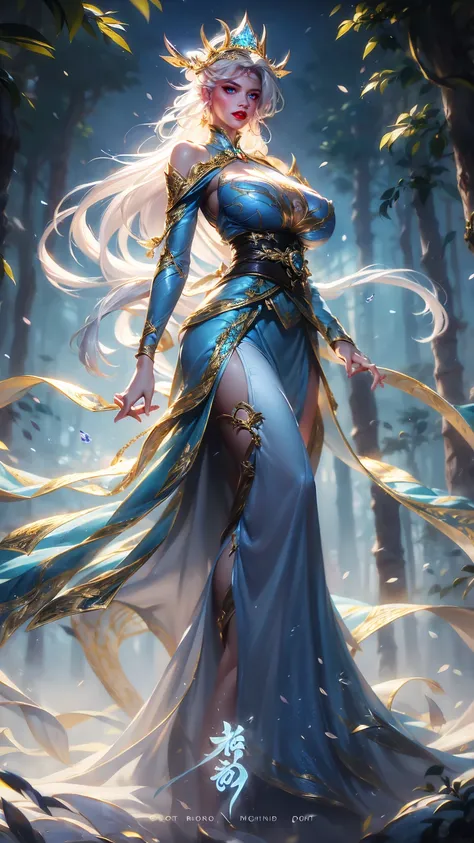 soft lighting, highest details, best quality, Elsa, ( a pretty girl, 20 year old ), wear samurai clothes, ( nice body shape, sport body ), midnight jungle, white hair, blue eyes,( Full body view ), standing, ( huge breast : 1.5).