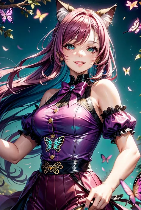 Magenta hair, hazel eyes, older woman, hair bows, cat ears, long hair, smiling face, sexy outfit, butterflies, teal and gold outfit, butterfly background, uniform top