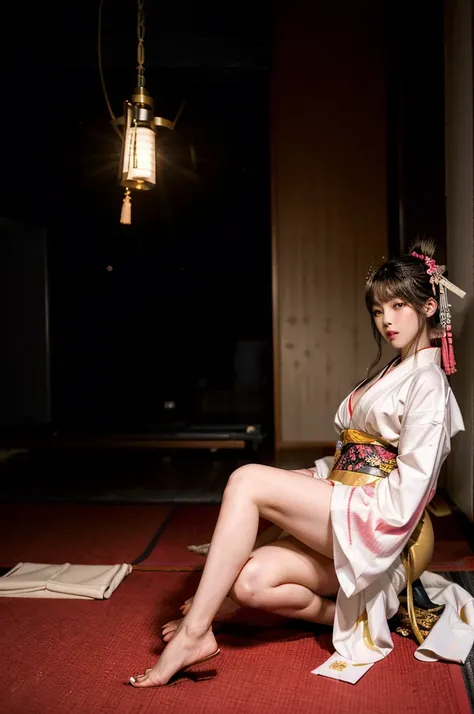 Japanese cyberpunk high fashion of Oiran kimono cool girl, white kimono, cyberpunk, gold color, full body sit with legs spread:1.2, japanese room, the big breasts、Round and thick thighs:1.0、camel toe:1.0 (Dynamic light and shadow, High resolution, Sharp fo...