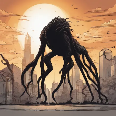 Tall black monster with long black arms and long black legs,with a look of light,em frente ao por do sol