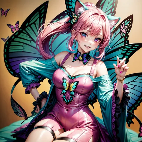 Magenta hair, pretty eyes, older woman, hair bows, cat ears, long hair, smiling face, sexy outfit, butterflies, teal and gold outfit, butterfly background, uniform top