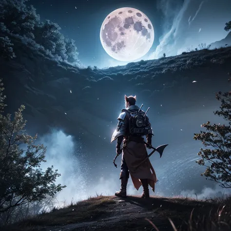 Best quality. Detailed. Night. Big moon. Hunting environment. Beautiful scenery. Humans fighting against demons.