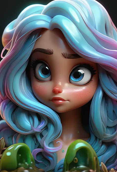 a cute slime creature, slime girl, detailed face, beautiful blue eyes, long eyelashes, cute expression, slimy translucent body, iridescent colors, glowing, digital art, cinematic lighting, intricate details, highly detailed, 8k, photorealistic, hyper detai...