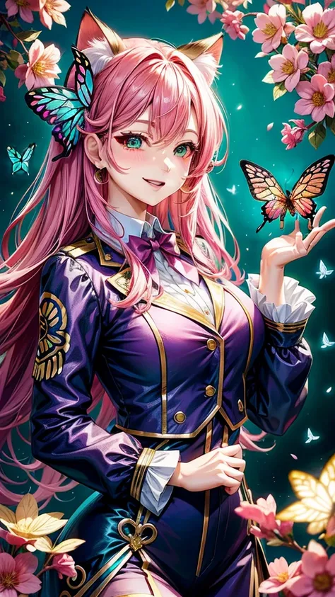 Magenta hair, pretty eyes, older woman, hair bows, cat ears, long hair, smiling face, sexy outfit, butterflies, teal and gold outfit, butterfly background, uniform top