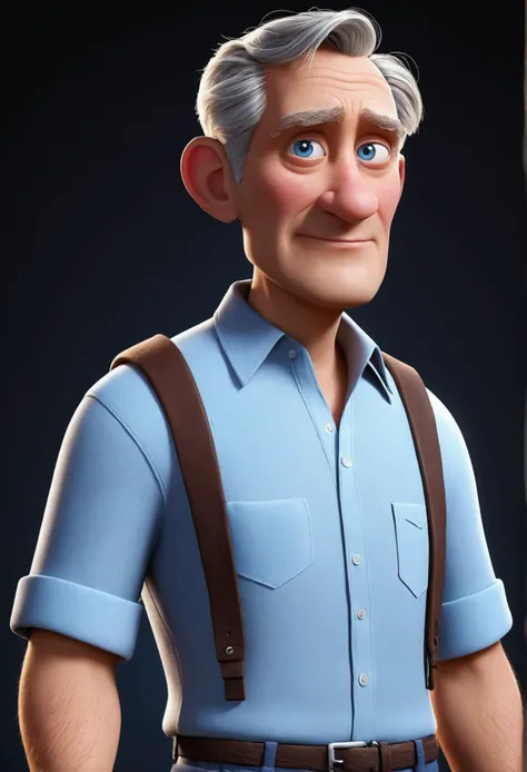 Мультяшный персонаж пожилой man создаёт персонажа в стиле Disney Pixar, man, WHITE, dark short hair; Blue eyes; animated character; Rendering Animation Styles, 3d stylized, cartoon rendering, detailed texture, shoulder-length profile shot, an old man