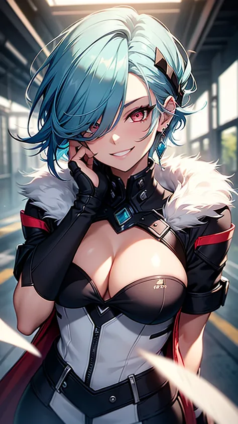 High resolution, One girl, chest, Blue Hair/Light blue hair, Cowboy Shot, Big chest, Red eyes, Big chest, Earrings, smile, smiling, 8k octane, High resolution, masterpiece, High detail, High-resolution model, high quality, Textured skin, Action Painting, C...