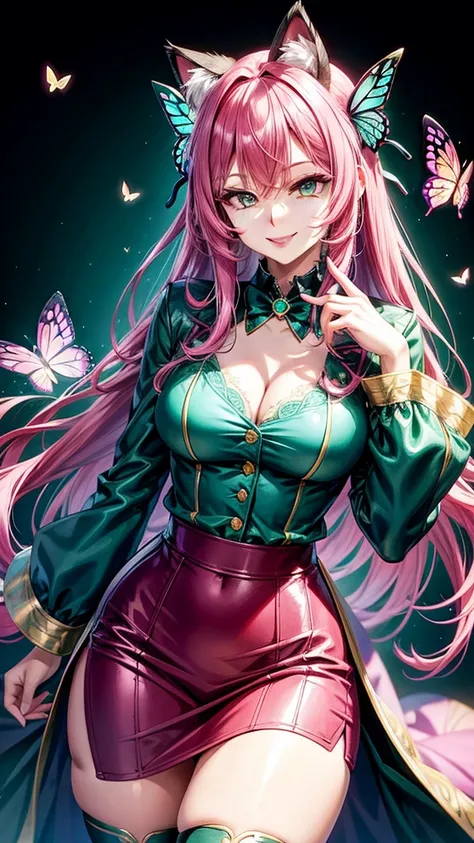 Magenta hair, emerald eyes, older woman, hair bows, cat ears, long hair, smiling face, sexy outfit, butterflies, teal and gold outfit, butterfly background, uniform top