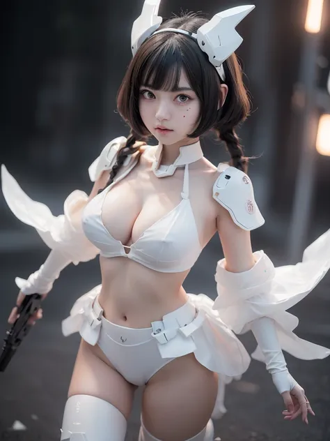 {(japanese young girl)}, (She is fused with futuristic Gundam mecha:1.1), white theme, with headgear, with v-fin , ((unarmored cleavage)), ((unarmored stomach)), ((unarmored upper arms)), ((unarmored face)), (unarmored hands), (unarmored waist), ((unarmore...