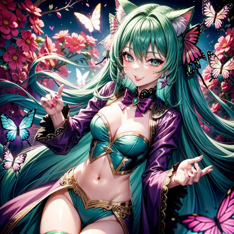 Magenta hair, emerald eyes, older woman, hair bows, cat ears, long hair, smiling face, sexy outfit, butterflies, teal and gold outfit, butterfly background, uniform top