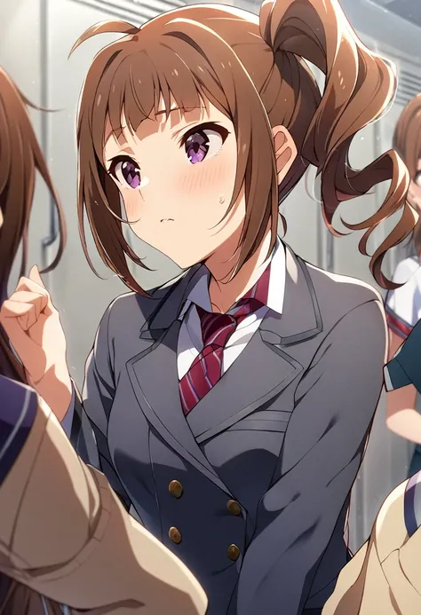 masterpiece、high resolution、high school student、uniform、Purple Eyes、Brown Hair、Side Tail、locker room、Change of clothes、Take off、Expressionless、Top view、avert your eyes