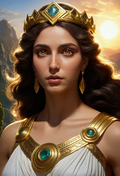 godess, beautiful mont olympe, grec, mythology, realistic, 4K quality, golden eyes, halo, 