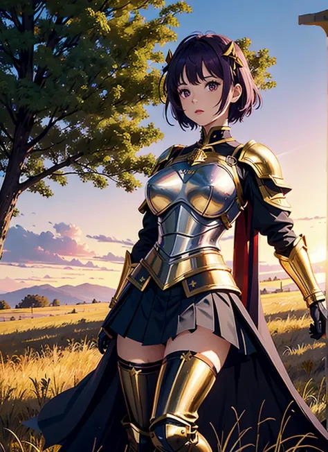 1 girl solo, short purple hair, dark brown eyes, red head Ribbon, she wears knight armor, with golden breastpiece, golden shoulder pads, black skirt, with armored leggings, shes standing in a field by a giant tree, sunset, virbant, god rays