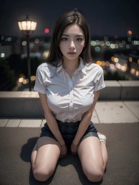 1girl, (uniform), sits with her legs pressed to her chest, detailed night view ofMetropolitan city at the background, detailed face, detailed eyes, brunette, big breasts, smooth realistic skin, semi-curvy body, white shirt, grey blue hot miniskirt , lookin...