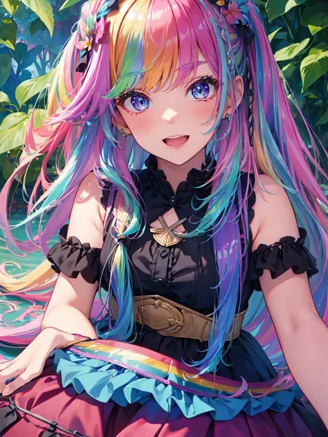 （In 8K, best quality, muste piece:1.2)、ultra high resolution,1 female 16 years old、ultra-detailed face,detailed eyes,open mouth,laughing,((Rainbow Hair)),asymmetrical bangs,twin braids,BREAK,((flower dress)),ruffle skirt,BREAK,(iridescent light:1.4),botani...