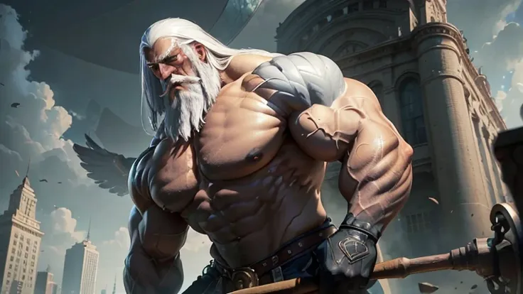 A giant muscular old man, manly, huge ass, white hair, gray hair, growing more and more, torn garments, peito huge ass, brave face, bravo, angry, imposing presence, incredible strength, head looking above, looking at the sky, muscular arms, thick, muscular...