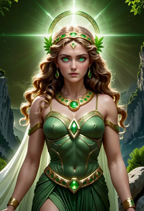 beautiful godess, beautiful mont olympe, grec, mythology, realistic, 4K quality, green eyes, halo, full body, powerful