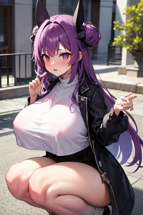 front, Overlooking, Downward perspective, Purple Hair, big boob, large breasts, Squat, Blushing, Very very big breasts